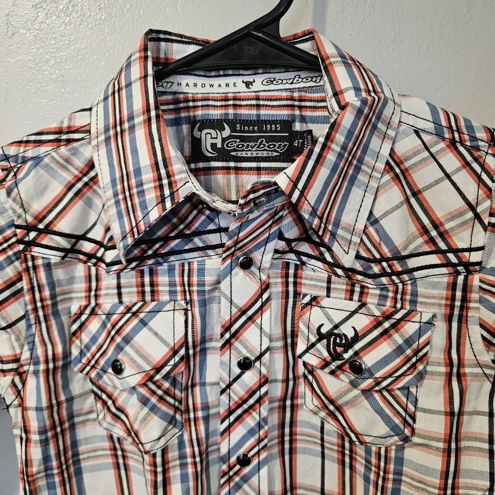 Cowboy Hardware Boys 4T Orange Blue White Plaid Long Sleeve Shirt Western Rodeo